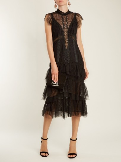 JONATHAN SIMKHAI Tiered-ruffle layered-lace dress ~ black semi sheer dresses