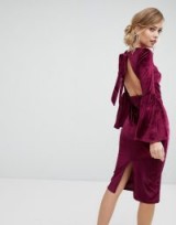 True Violet Velvet Fluted Sleeve Midi Dress With Open Back – burgundy party dresses