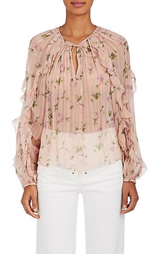 ULLA JOHNSON Azalea Rose-Print Silk Blouse ~ sheer pink ruffled blouses