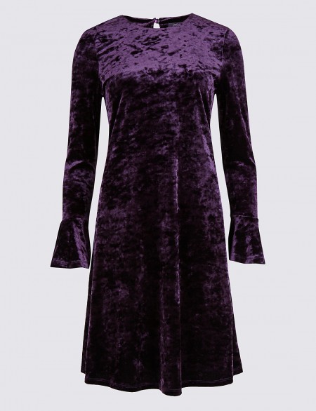 M&S COLLECTION Velvet Long Sleeve Skater Midi Dress / purple dresses