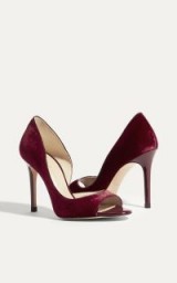 KAREN MILLEN VELVET OPEN-TOE COURT HEELS / red high heel courts / peep toe shoes