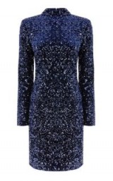 WAREHOUSE VELVET SEQUIN HIGH NECK DRESS / shimmering navy blue party dresses