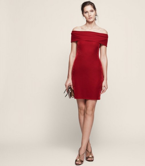 REISS VERITY VELVET OFF-SHOULDER DRESS RED / bardot party dresses / chic cocktail fashion