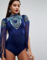 A Star Is Born Cap Sleeve Bodysuit with Embellishment | blue tassel bodysuits | statement party tops | evening glamour