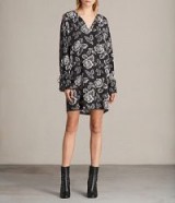 ALLSAINTS ASTER KASURI DRESS in WASHED BLACK | floral cold shoulder shift dresses | floaty party fashion