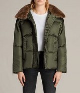 ALLSAINTS PAX PUFFER JACKET / khaki green padded jackets / faux fur collared coats