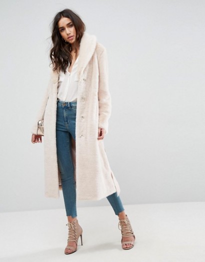 ASOS Plush Faux Fur Maxi Coat with Belt | blush pink winter coats