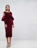 ASOS RED CARPET Bonded Velvet Ruffle Long Sleeve Midi Dress | burgundy-red party dresses