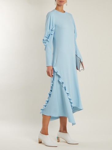 TIBI Asymmetric ruffle-trimmed stretch-crepe dress ~ baby-blue ruffled dresses