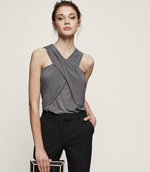REISS BEA WRAP-FRONT TOP GREY ~ criss cross party tops ~ evening clothing