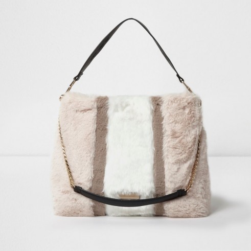 River Island Beige block colour faux fur chain handle bag – fluffy bags