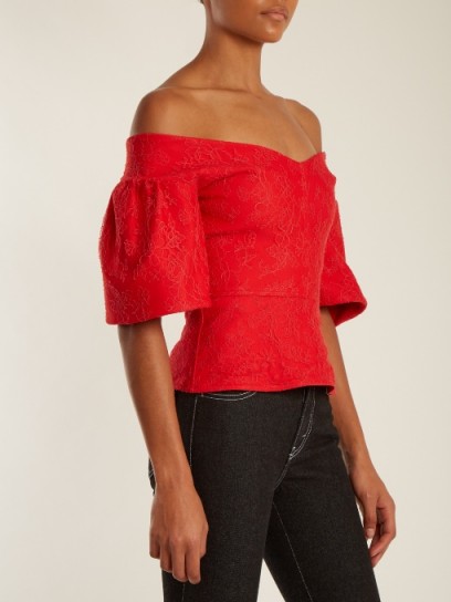 EMILIO DE LA MORENA Bianca off-the-shoulder cotton-blend lace top – red bell sleeved bardot tops