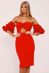 BILLIE FAIERS RED BARDOT TWIST FRONT PUFF SLEEVE MIDI DRESS