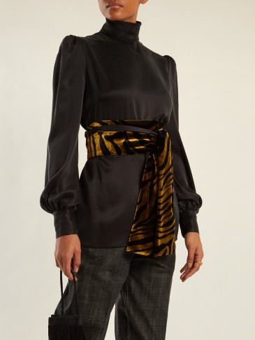 HILLIER BARTLEY Bishop-sleeved tie-waist sandwashed-silk blouse ~ luxe high neck blouses