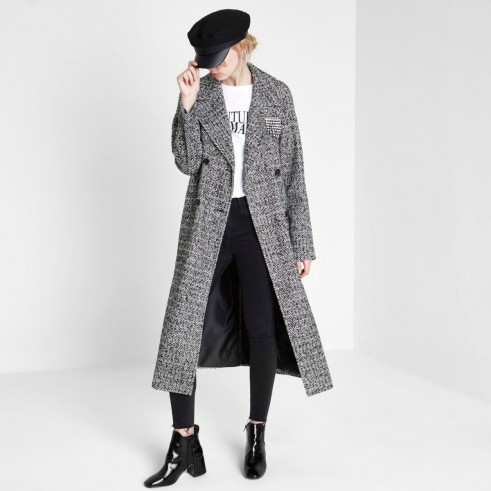 RIVER ISLAND Black brooch double breasted long coat | longline Herringbone coats