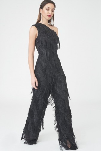 LAVISH ALICE Black Fringed Lace Jumpsuit | one shoulder jumpsuits | party fashion