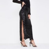 River Island Black sequin side split maxi skirt | long thigh high slit skirts | party glamour