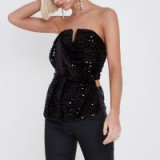 River Island Black sequin wrap bow bandeau crop top | strapless glitzy party tops