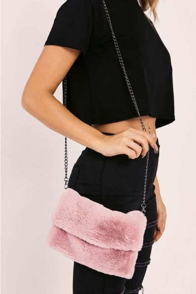 IN THE STYLE BLUSH PINK FAUX FUR BAG ~ fluffy shoulder bags ~ cute clutch