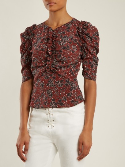 ISABEL MARANT Brizo ruffle-trimmed floral-print stretch-silk top ~ dark-red ruched tops ~ boho chic