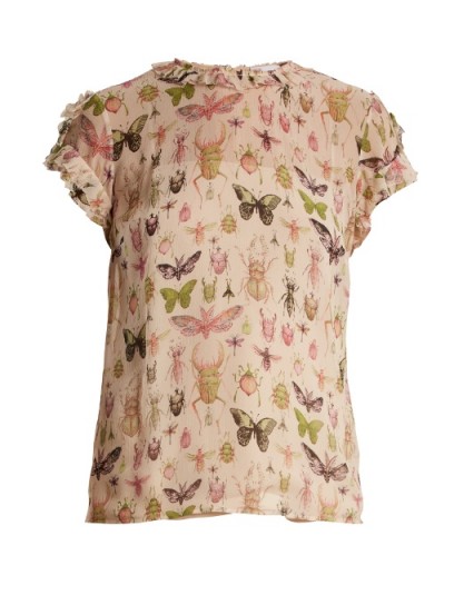 REDVALENTINO Bug-print ruffle-trimmed silk-chiffon top ~ beautiful pink insect print tops