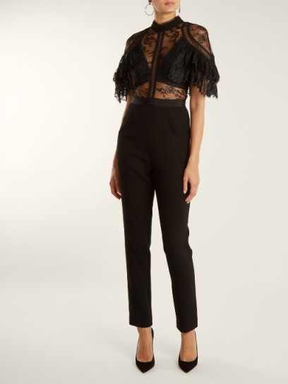 SELF-PORTRAIT Cape-sleeve lace and twill jumpsuit ~ black semi sheer jumpsuits ~ event clothing