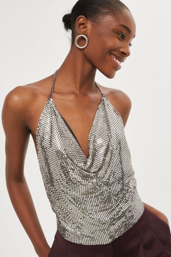 Topshop Chainmail Halter Neck Top – silver metallic halterneck tops – glittering party fashion