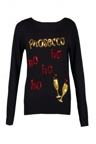 boohoo Charlotte Prosecco Ho Ho Ho Christmas Jumper | black sequin Xmas jumpers | festive knitwear