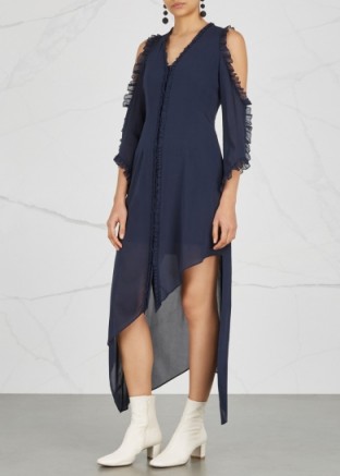 ALICE + OLIVIA Claudie ruffle-trimmed stretch silk dress ~ blue asymmetric evening dresses ~ cold shoulder style