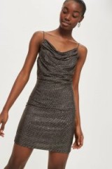 Topshop Cowl Metallic Slip Bodycon Dress | draped cami dresses | strappy party fashion