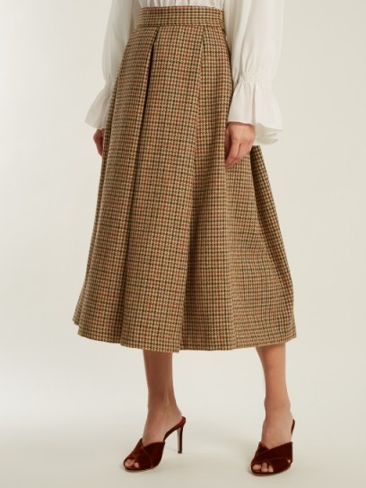 LUISA BECCARIA Dog-tooth checked wool midi skirt / brown dogtooth box pleat midi skirts