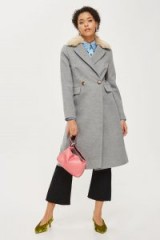 Topshop Faux Fur Collar Coat / grey double breasted coats