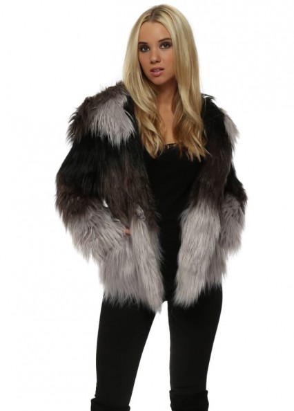 FAUX LONDON Black & Grey Faux Fur Hooded Jacket / grey winter jackets