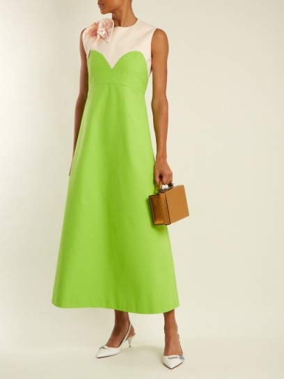 DELPOZO Floral-appliqué embellished A-line cotton dress ~ sleeveless green dresses ~ feminine style clothing