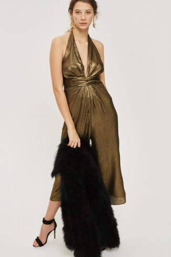 Topshop Gold Foil Halter Neck Jumpsuit | metallic halterneck jumpsuits | plunge front party fashion