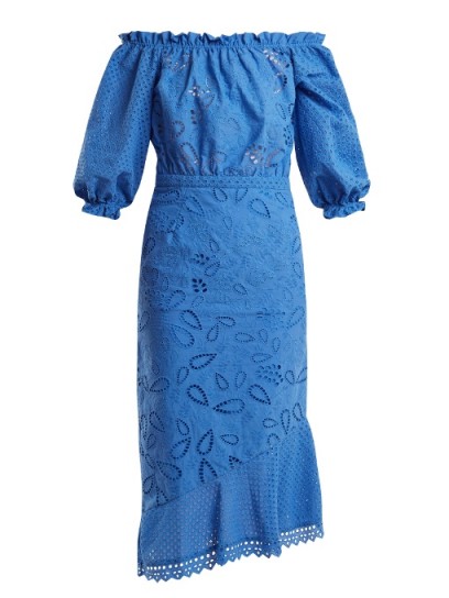 SALONI Grace puff-sleeve broderie-anglaise cotton dress ~ blue bardot dresses