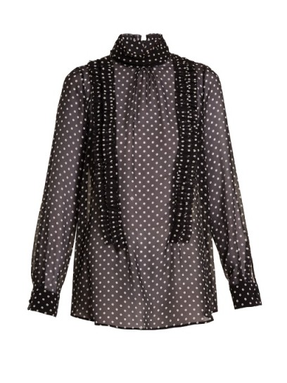 NO. 21 High-neck ruffle-trimmed silk blouse ~ sheer polka dot blouses ~ romantic fashion