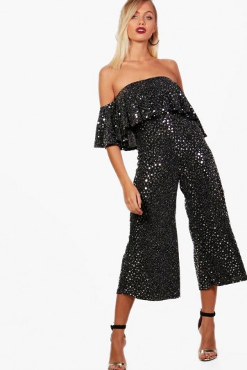 boohoo Jaslene Star Metallic Frill Culotte Jumpsuit | glittering black bardot jumpsuits | sparkling party fashion