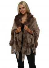 JAYLEY Mocha Suedette Fringe Cape With Faux Fur Collar / taupe winter capes