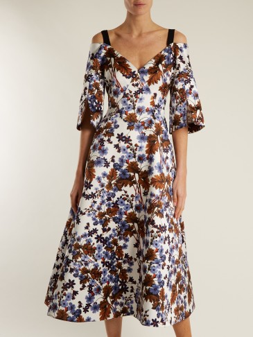 ERDEM Karol open-shoulder duchess-satin dress ~ floral vintage style dresses