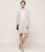 REISS KAYLA KNITTED SEQUIN DRESS NEUTRAL / long sleeved sequined shift dresses / instant party glamour / effortless evening style