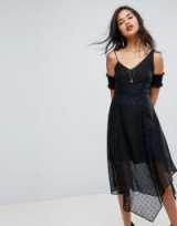 Keepsake Cold Shoulder Midi Dress ~ black handkerchief hem party dresses