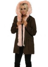 FAUX LONDON Khaki Parka With Detachable Pink Faux Fur Gilet
