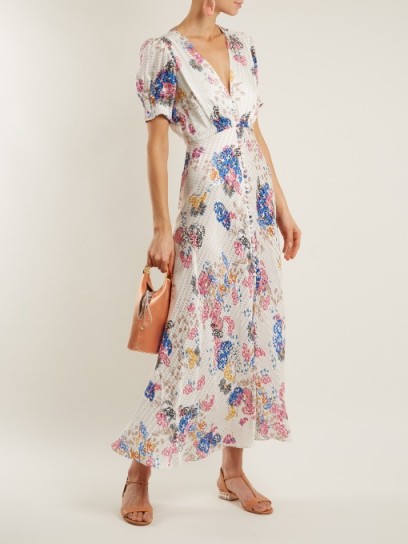 SALONI Lea deep V-neck floral-print silk-jacquard dress ~ beautiful flower print dresses ~ feminine style