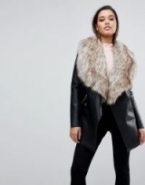 Lipsy Faux Leather Waterfall Coat With Faux Fur Trim