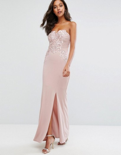 Lipsy Nude Bandeau Maxi Dress with Waxed Lace Detail | long strapless party dresses