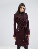 Lipsy Wool Mix Wrap Coat With Tie Waist | belted dark red winter coats