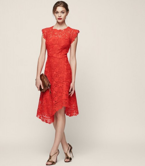 Reiss LUCY LACE MIDI DRESS VIVID RED ~ asymmetric hemline party dresses