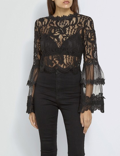 MISSGUIDED Flare-sleeve mesh top | feminine sheer black tops | romantic blouses