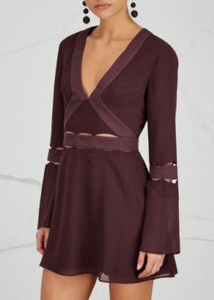 FINDERS KEEPERS Muse plum laser-cut mini dress ~ dark purple party dresses ~ plunging neckline